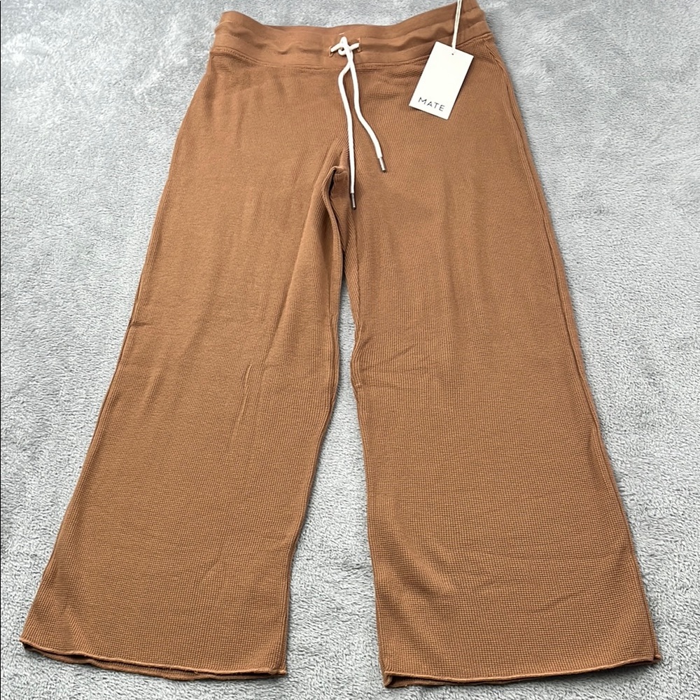 NEW MATE The Label XS 100% Organic Cotton Thermal Wide Leg Pant Camel Brown‎